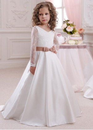 V Neck Ivory Sequined Lace Satin Stunning Flower Girl Dress